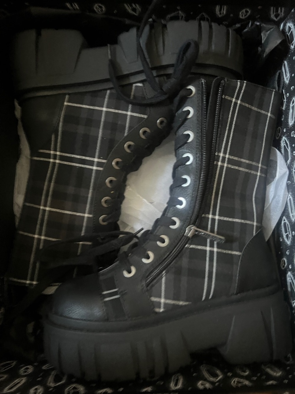 killstar tartan plaid black chunky combat boots